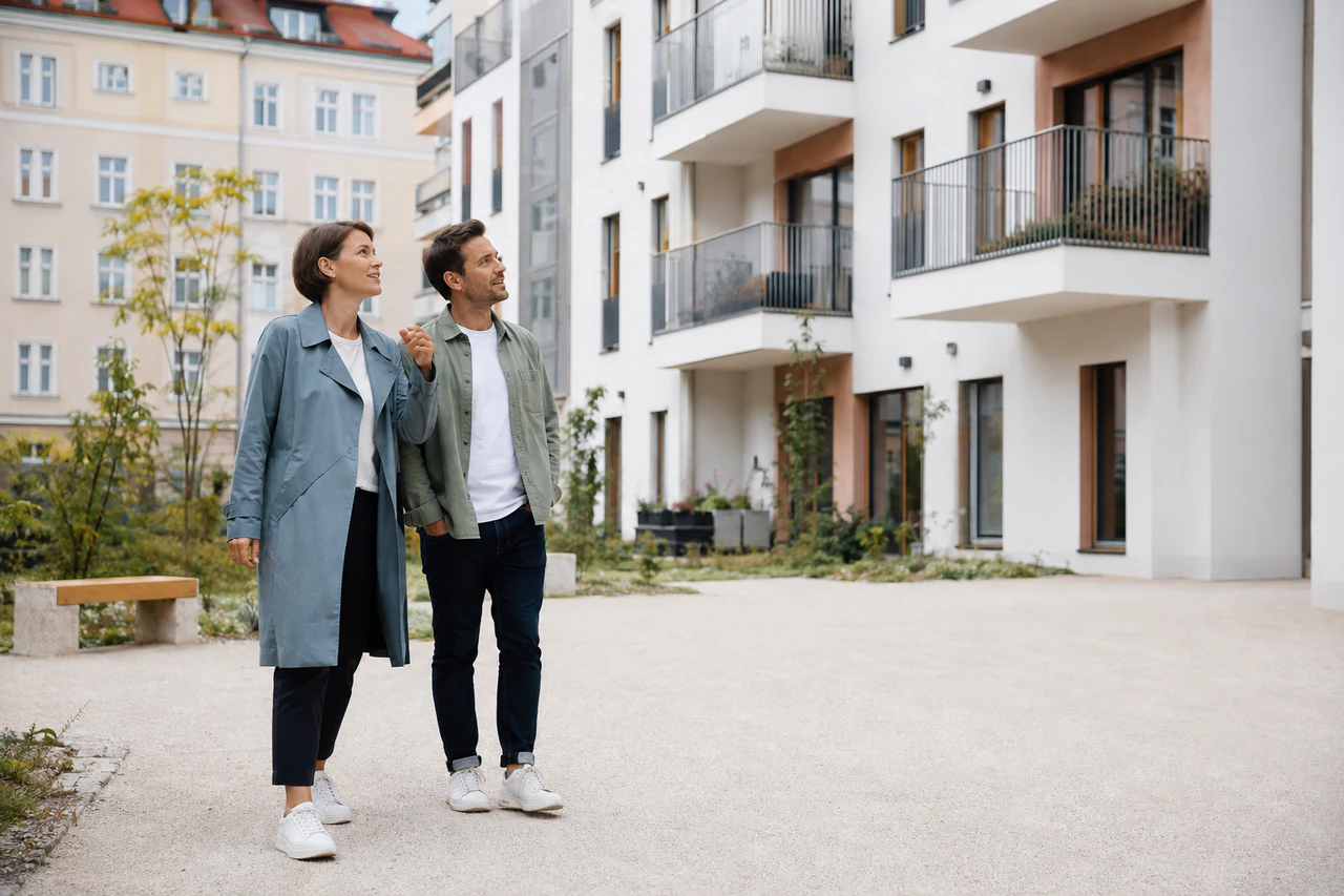 Symbolischer Austausch vor einer modernisierten österreichischen Wohnanlage.