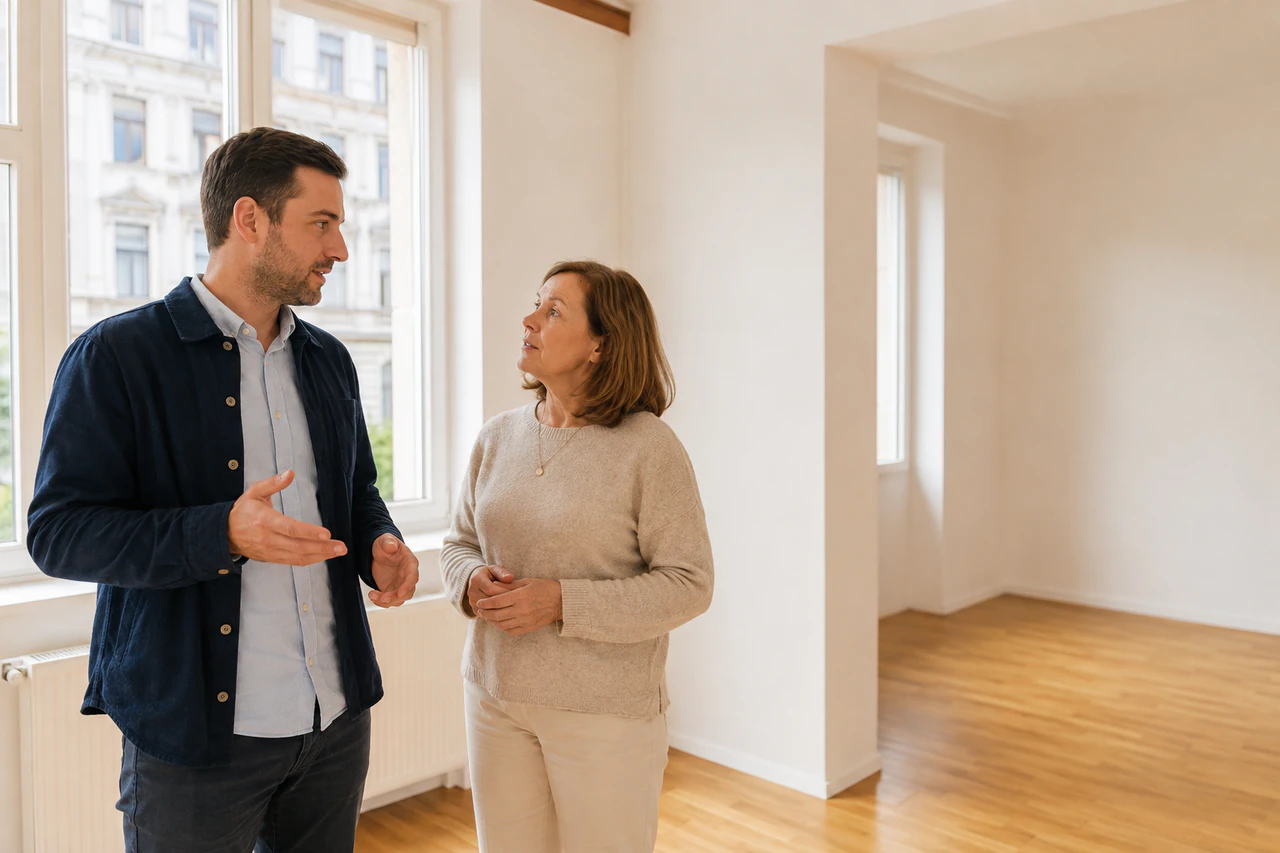Symbolisches Gespräch mit einer Eigentümerin in einer hellen österreichischen Wohnung.